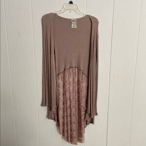 Mauve Waffle Knit and Lace Hi-Lo Cardigan